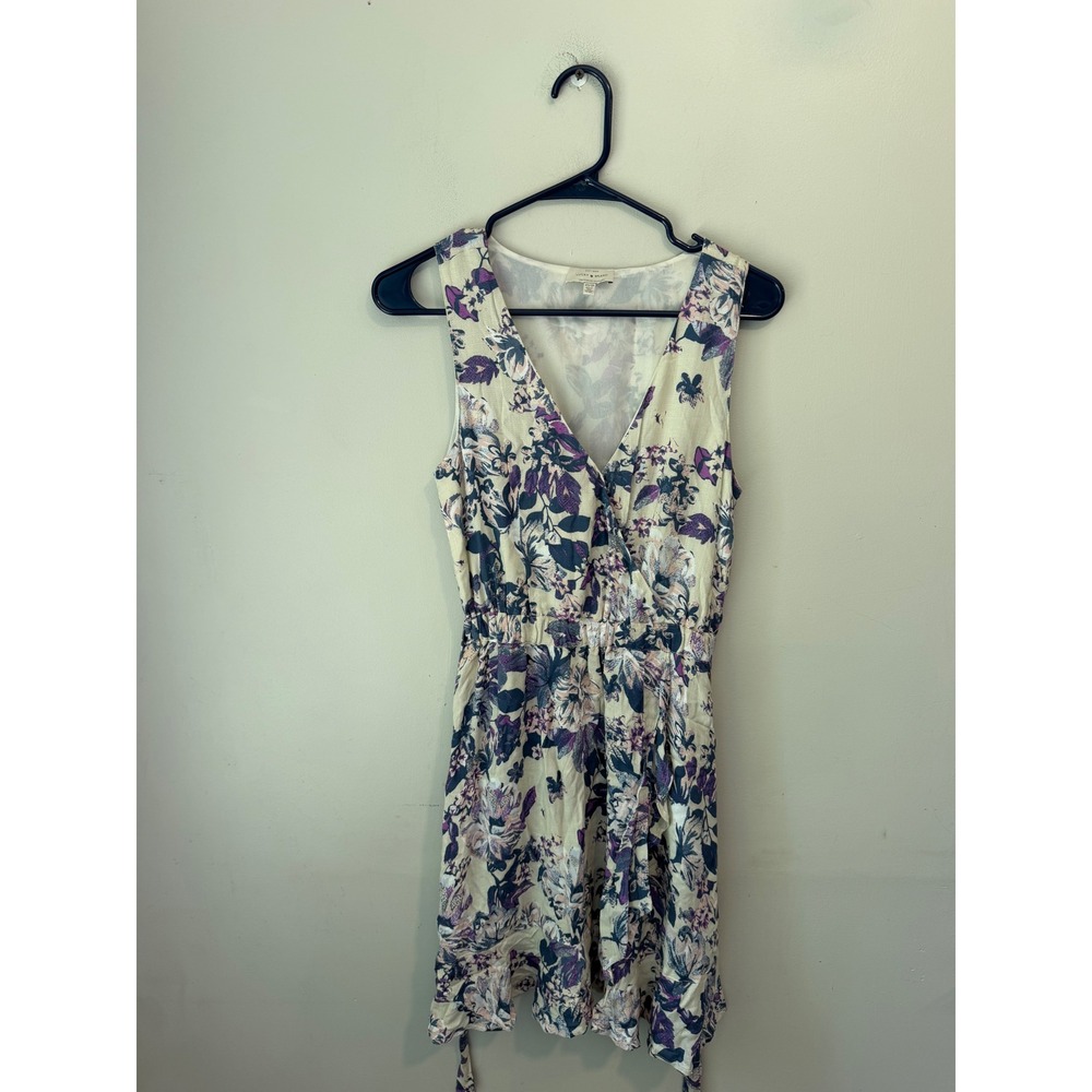 Lucky Brand Women Purple Floral Faux Wrap Ruffle Mini Dress XS Cream Sleeveless